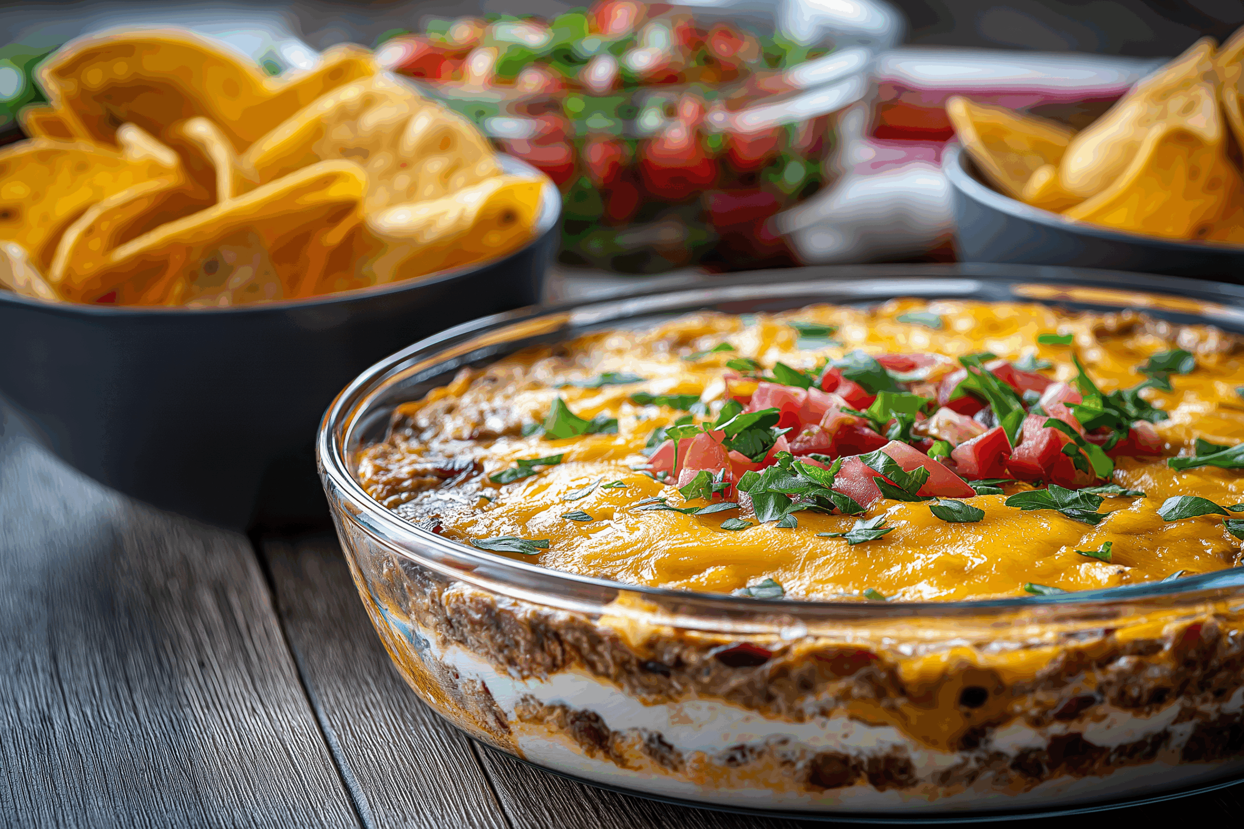 layered taco dip in glass dish with chips and pico de gallo on the side.