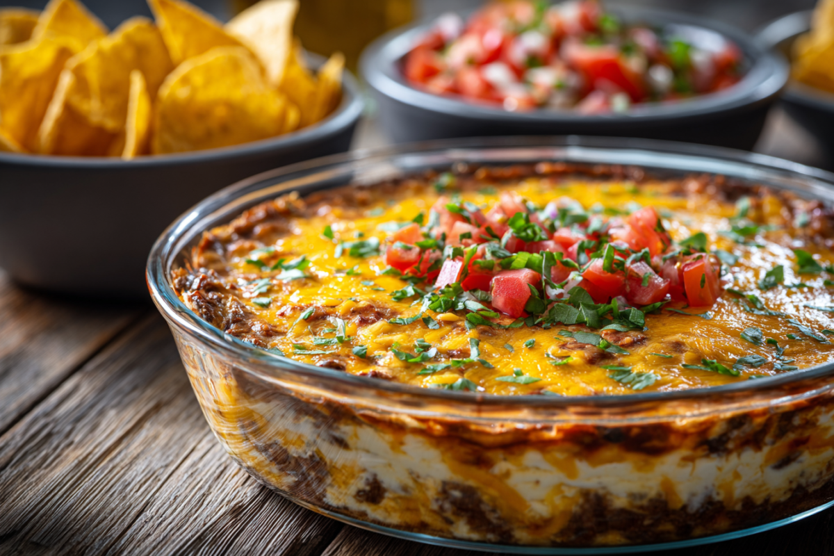 taco dip with garnished with green onions and diced tomatoes. served with tortilla chips
