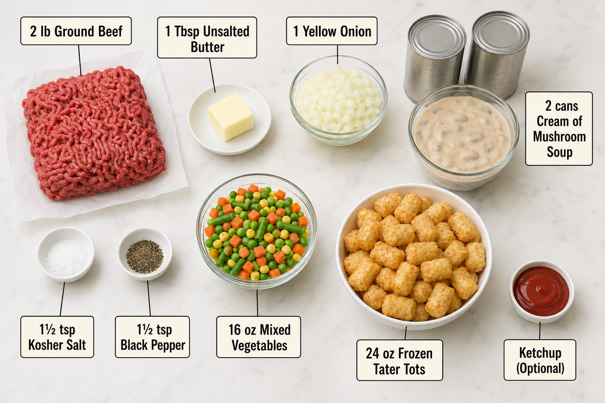 ingredients laid out for tater tot casserole