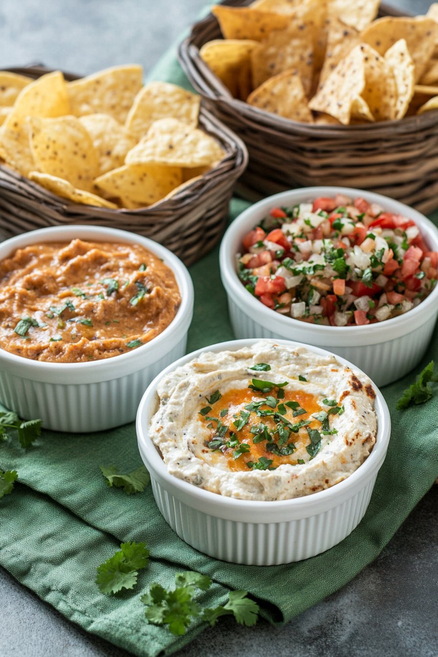 three party dips for game day with chips