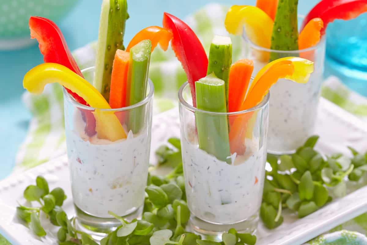 veggie and dip appetizers in glasses